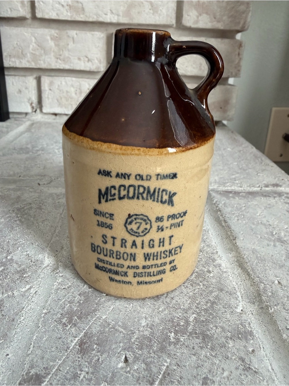 McCormack Two-Tone Brown Stoneware Bourbon 1/2 Pint Whiskey Jug